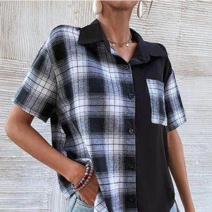 Colorblock Plaid Graphic Button Front Patched Pocket Shirt